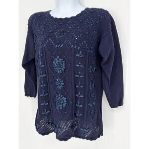 Carolina Colours Navy Blue Pearl Ribbon Detail Pullover Sweater Size L